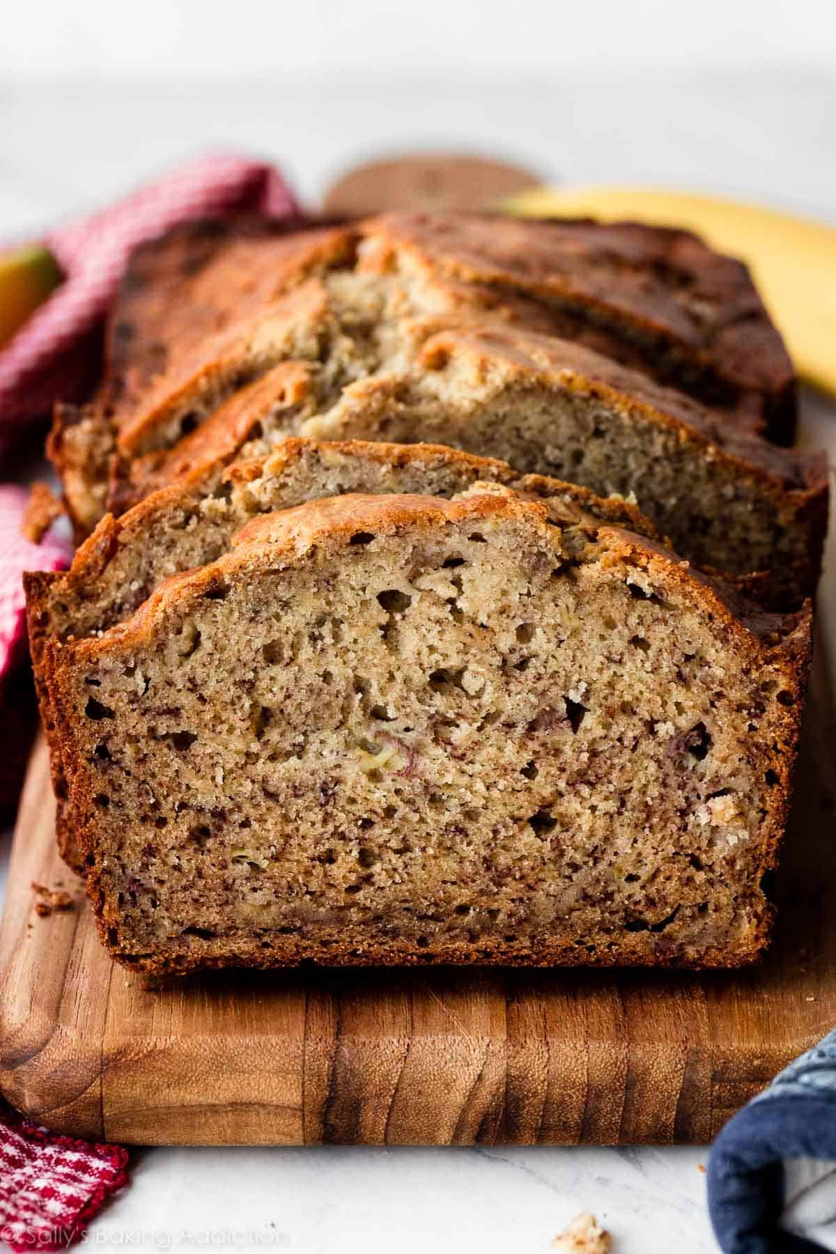 Freshly baked banana bread on a cutting board